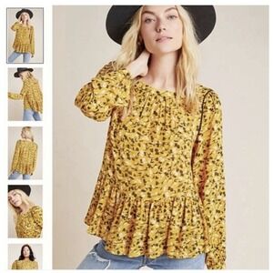Anthropologie Maeve Cheyenne Peplum Top Size M Floral Mustard Yellow Blouse Boho